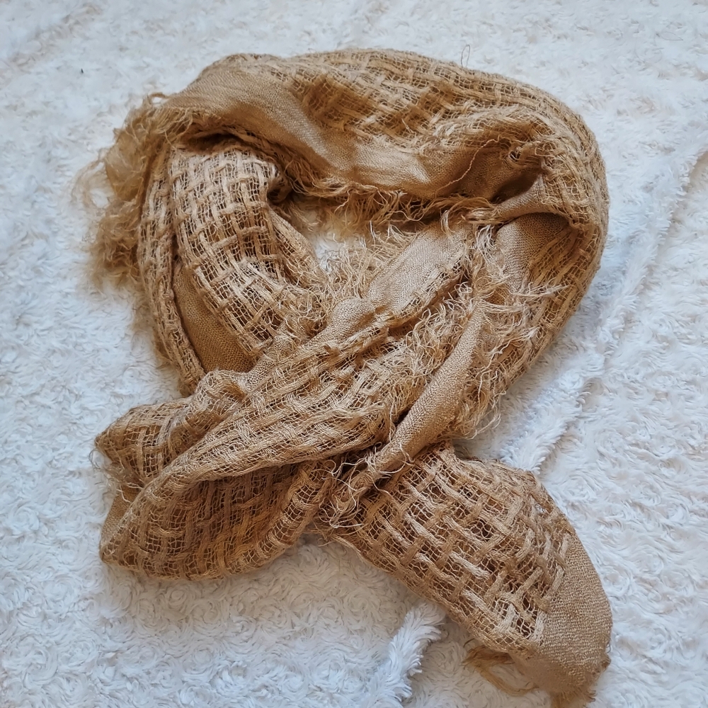 Lightweight open weave long gold tone scarf 21 x 84 Chic Academia